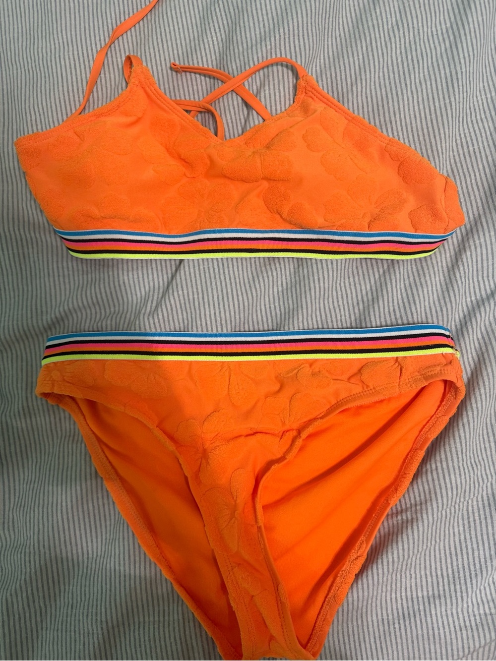 Bright Orange Two-Piece Bikini Set with Striped Waistband